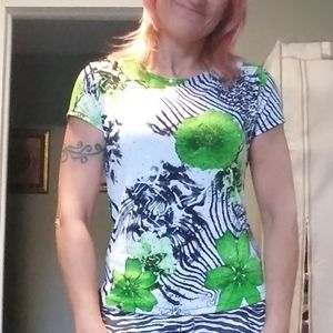 green/animal print embellished blouse